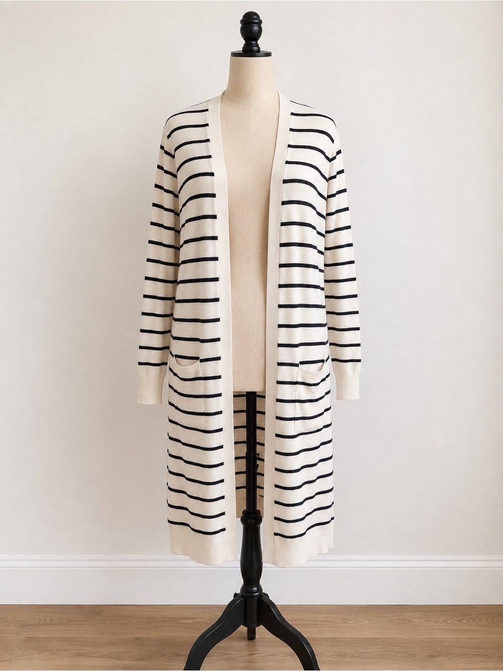 Minimalist Halogen Cream Open-Front Long Cardigan with Black Stripes